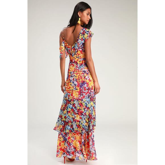 NWOT Lulus Ruby Red Floral Print Ruffle Chiffon Maxi Wedding Guest Dress Sz M - Picture 5 of 8